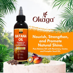 Okaga Batana Oil with rosemary blend highlighting nourishing ingredients.