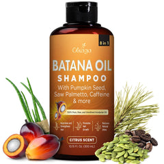 Okaga Batana Oil Shampoo bottle with citrus scent promotes gentle cleansing for daily use.