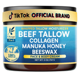 Okaga beef tallow balm jar closeup showing creamy texture and hydration potential.