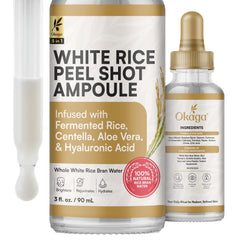Okaga Rice Peel Shot Ampoule bottle for gentle daily exfoliation and radiant skin.