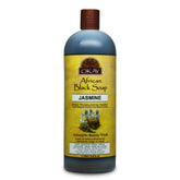 OKAY African Black Soap Liquid bottle with jasmine for a gentle daily cleanse.