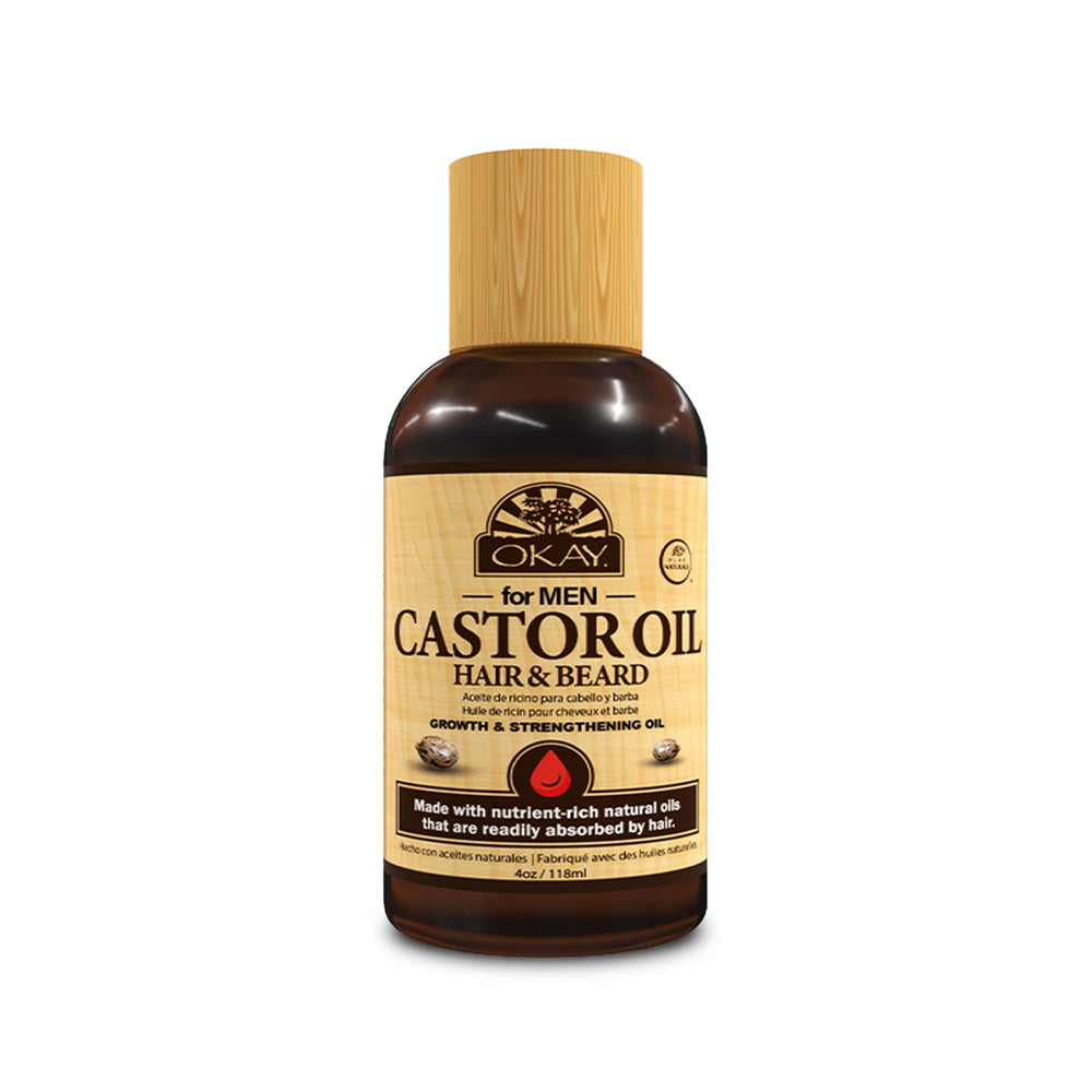 OKAY castor oil beard bottle showing nourishing formula for healthier-looking beard and hair