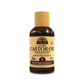 OKAY castor oil beard bottle showing nourishing formula for healthier-looking beard and hair