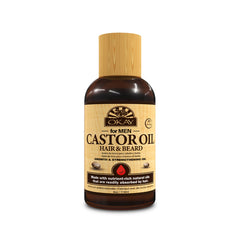 OKAY castor oil beard bottle showing nourishing formula for healthier-looking beard and hair