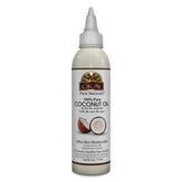 OKAY coconut oil bottle pour demonstrates easy application for versatile skincare and hair nourishment.