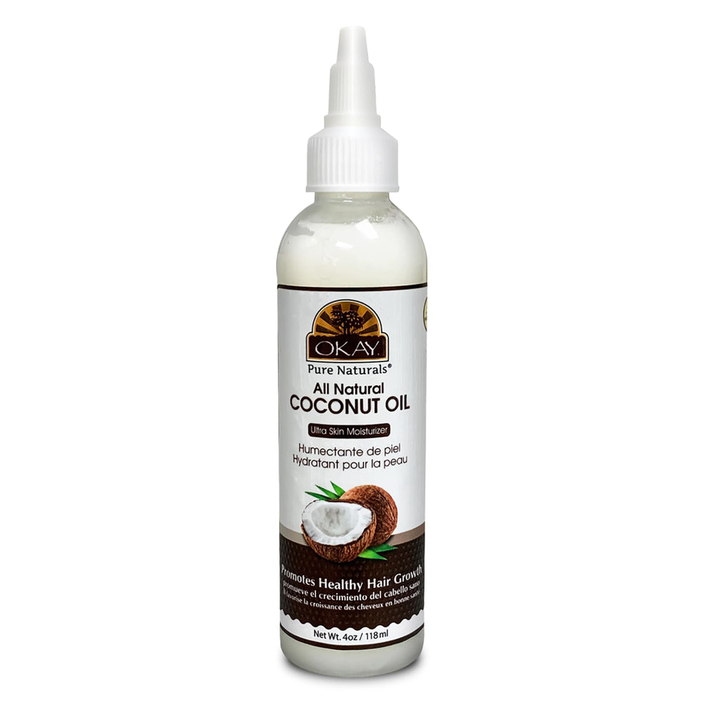 OKAY coconut oil bottle pour, a versatile hair and skin care staple