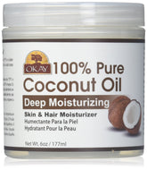 OKAY coconut oil bottle for versatile moisture across hair and skin.