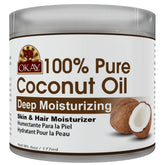 OKAY coconut oil jar close-up for deep conditioning hair and nourishing skin.