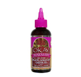 Okay Pure Naturals Black Jamaican Castor Oil with rosemary bottle shown for hair growth and scalp care.