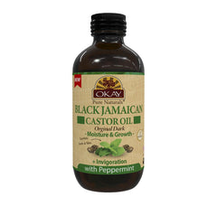 Okay Pure Naturals castor oil bottle for hair care and peppermint aroma