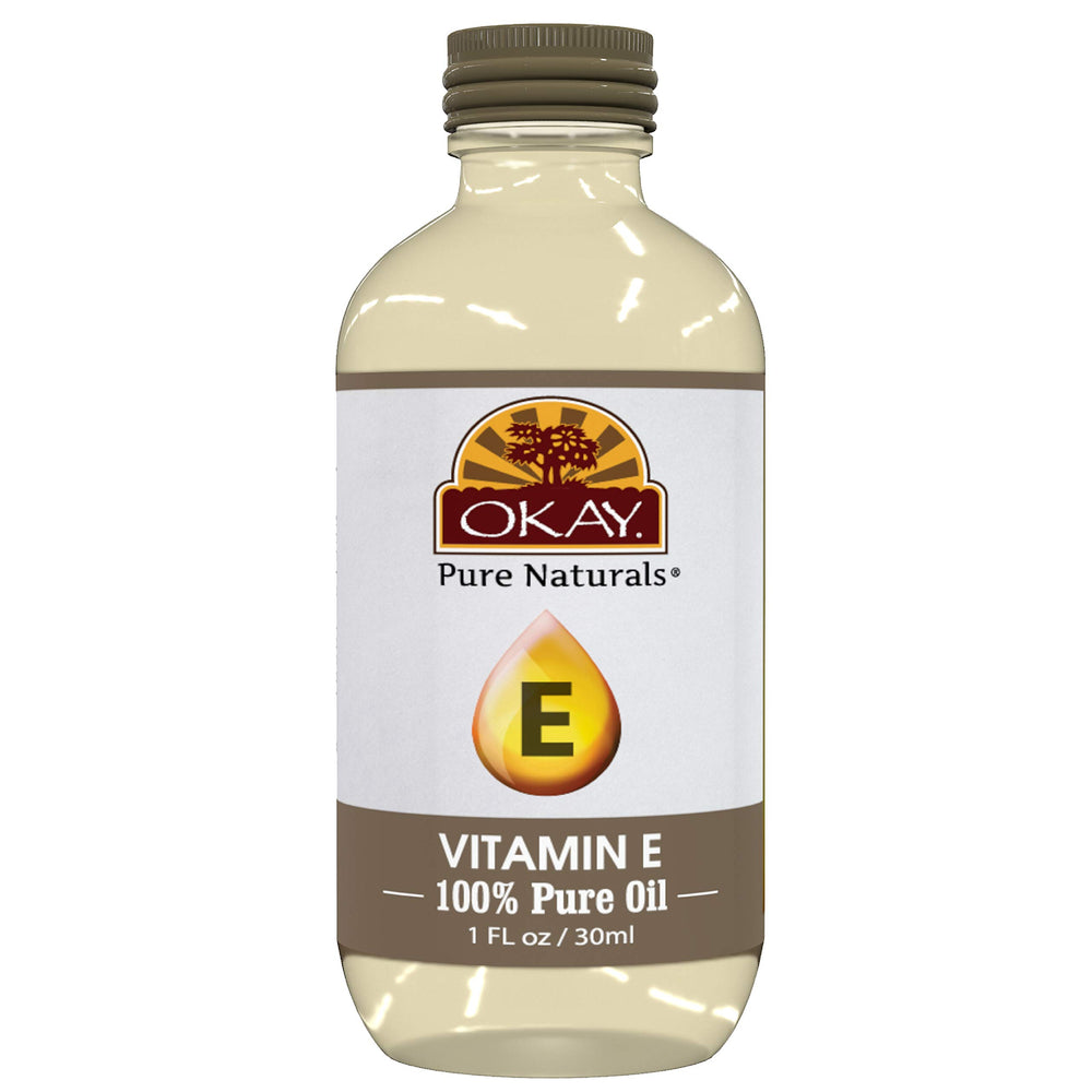 OKAY Vitamin E Oil bottle showing versatile skin and hair care benefits.