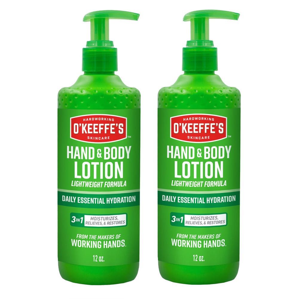 O'Keeffe's Hand and Body Lotion bottle demonstrates daily hydration for dry skin.
