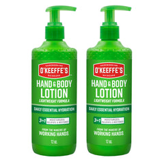 O'Keeffe's Hand and Body Lotion bottle demonstrates daily hydration for dry skin.