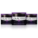 Olay Age Defying Night Cream bottle pump showing hydrated skin by morning