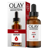 Olay AHA Serum bottle showcasing brightening booster for even skin tone and gentle exfoliation.