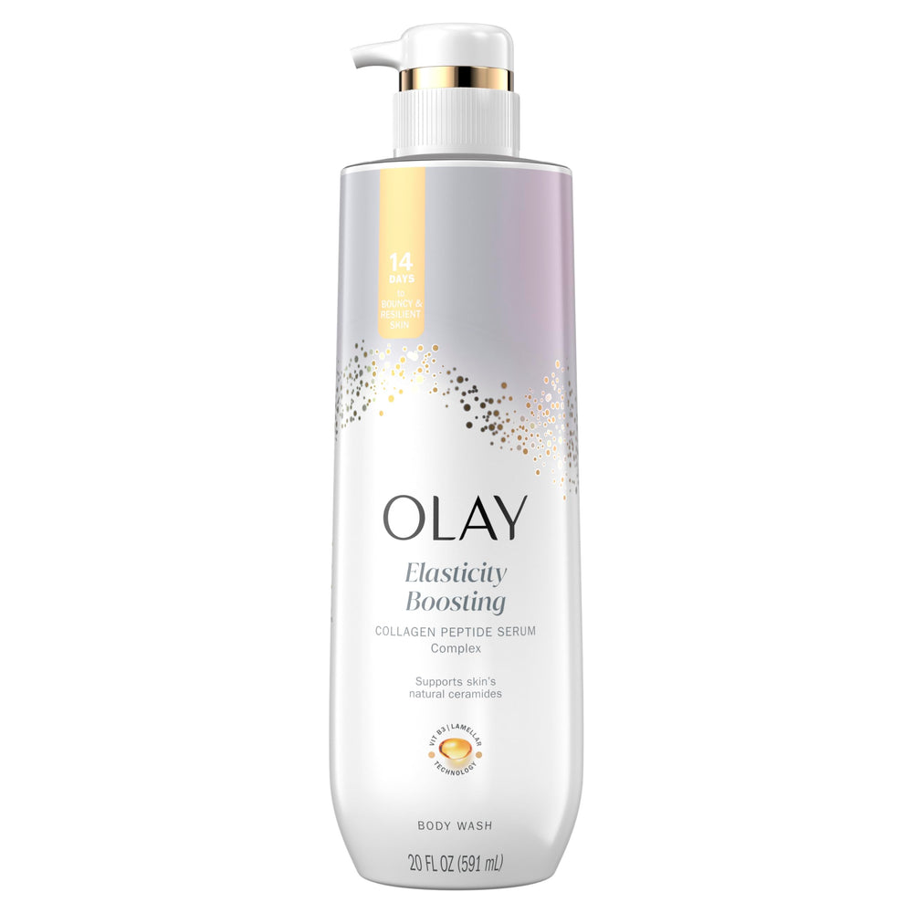Olay Body Wash bottle highlights elasticity formula for firmer-looking skin.