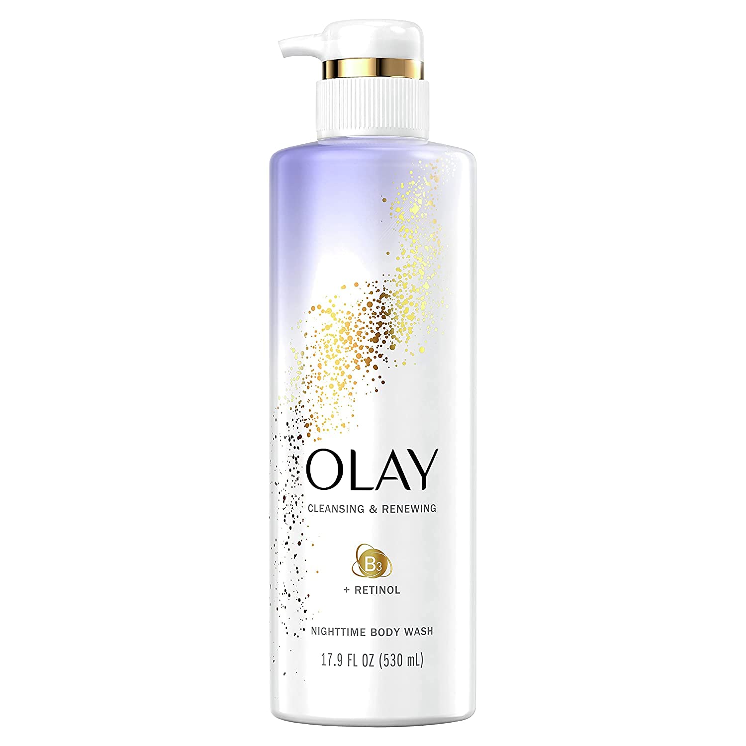 Olay cleansing & renewing nighttime body wash bottles in a three-pack for overnight hydration.