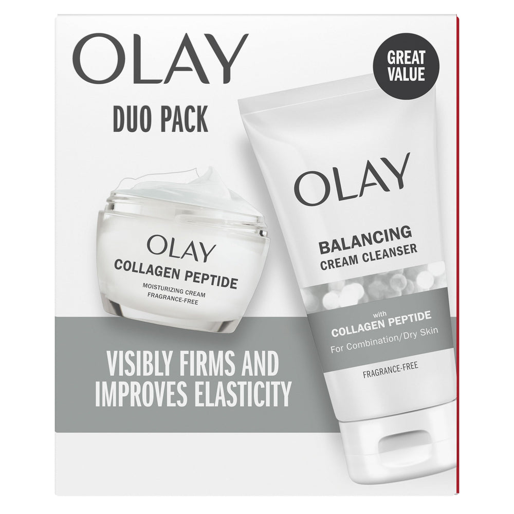 OLAY Collagen Peptide Duo Pack: moisturizer and cleanser for hydrated, radiant skin daily.