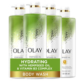Olay Hydrating Body Wash bottle with hempseed oil for daily moisturization.