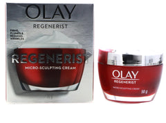 Olay Regenerist Micro-Sculpting Cream label closeup highlighting creamy texture
