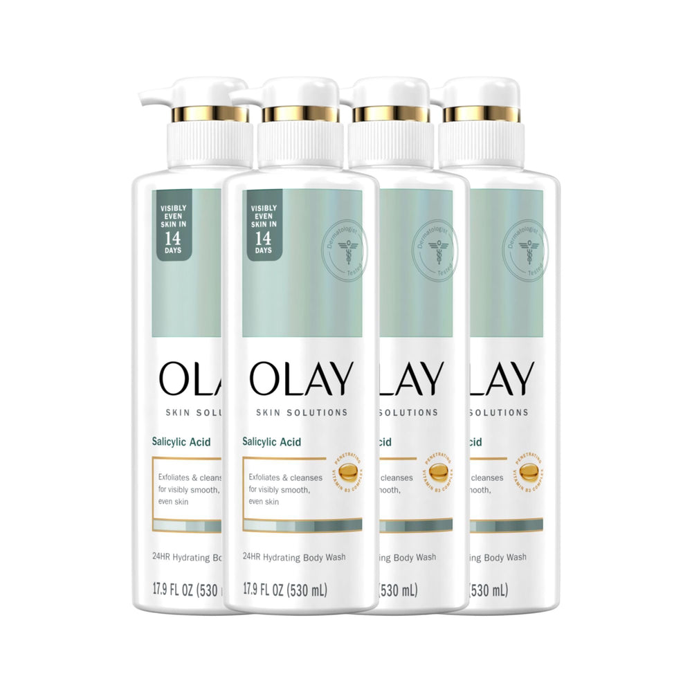 Olay Skin Solutions body wash bottle with salicylic acid for smoother skin.