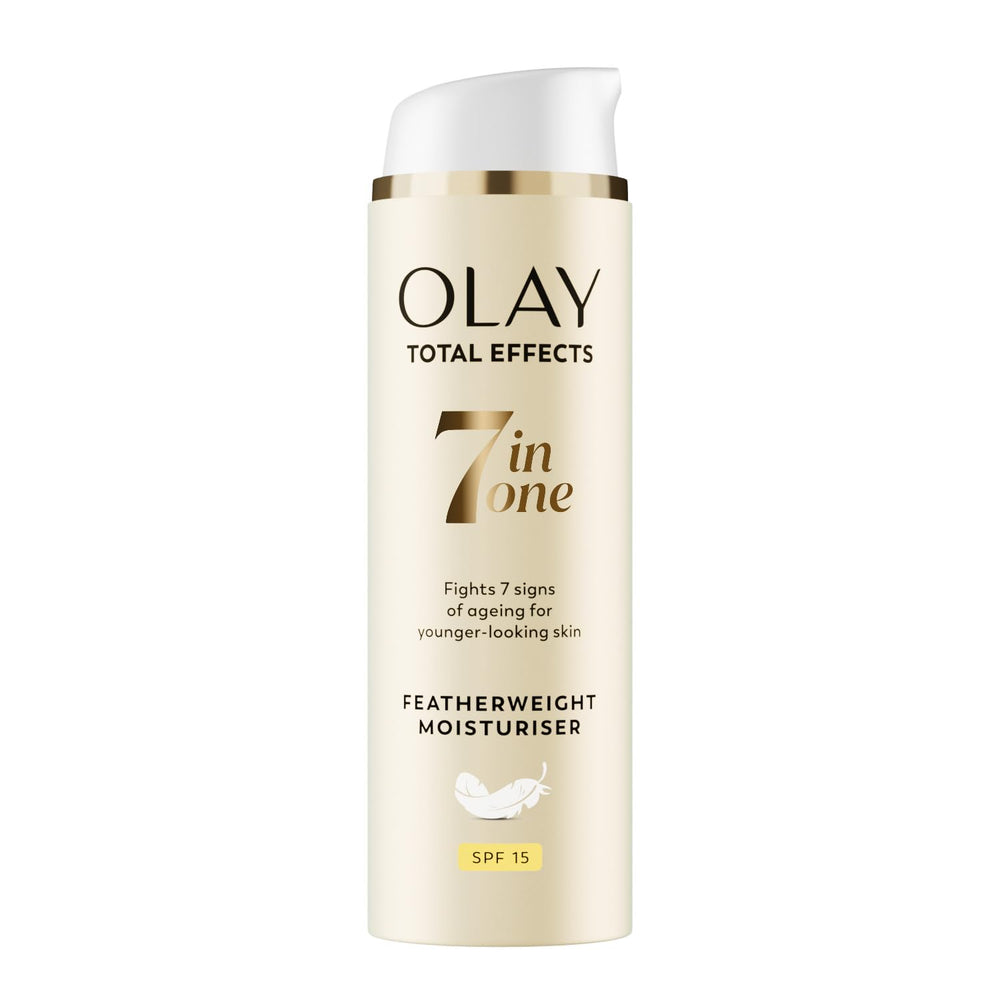 Olay Total Effects feather-weight moisturizer SPF 15 bottle for lightweight daily hydration.