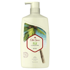 Old Spice Fiji body wash bottle releasing tropical coconut lavender scent for a refreshing morning.