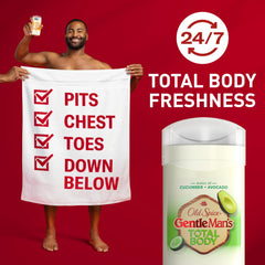 Old Spice cucumber avocado scent close-up, highlighting smooth glide for comfortable application.