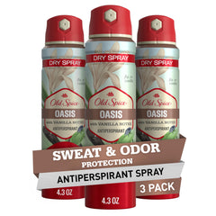 Old Spice dry spray antiperspirant pack of 3 with vanilla and argan oil for all-day freshness.