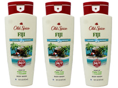 Old Spice Fiji body wash 3-pack bottle on display, refreshing tropical scent for daily grooming.