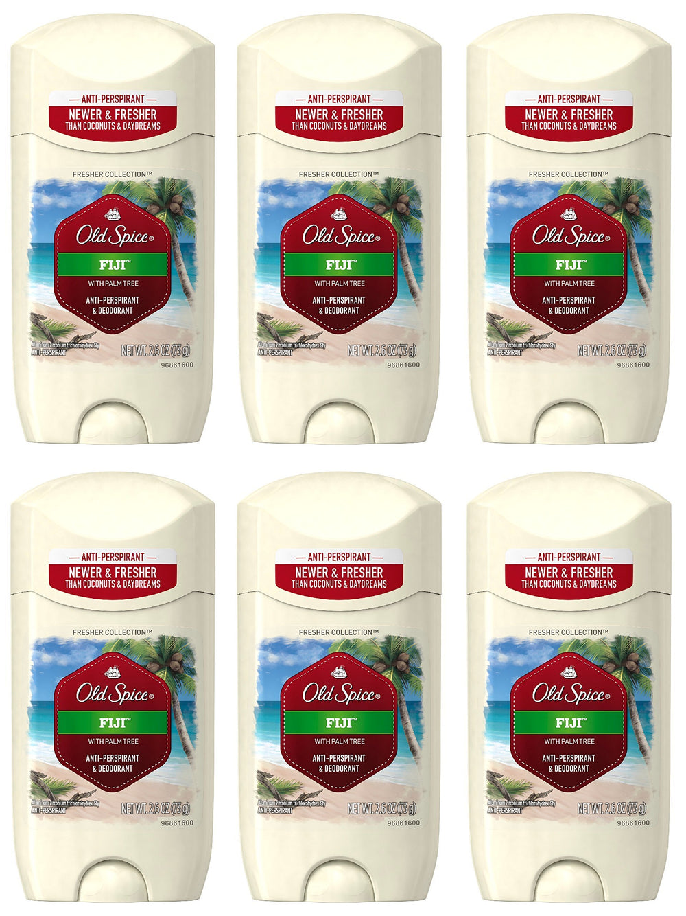 Old Spice Fiji Palm Tree Scent antiperspirant pack of six provides all-day protection.