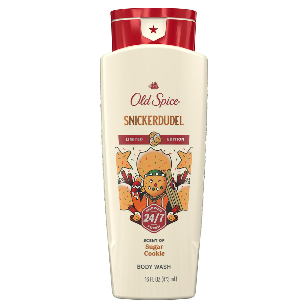 Old Spice Holidudes Snickerdudel Sugar Cookie bottle, festive scent for holiday grooming.
