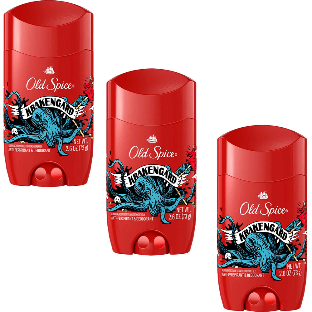 Old Spice Krakengard deodorant 3-pack bottle closeup shows a bold scent for all-day freshness.