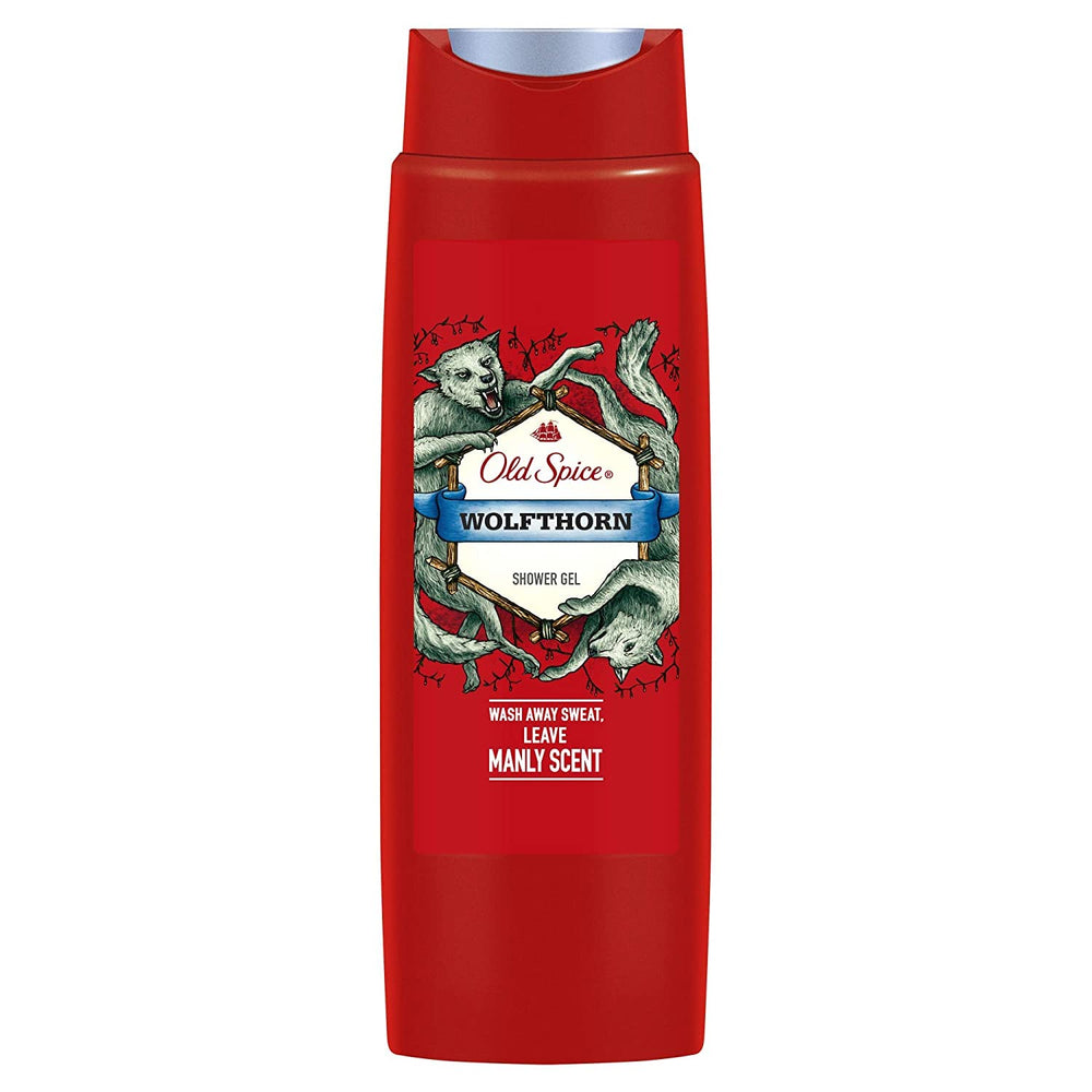Old Spice Wolfthorn shower gel bottle pour delivers a refreshing scent for an energized start.