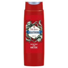 Old Spice Wolfthorn shower gel bottle pour delivers a refreshing scent for an energized start.