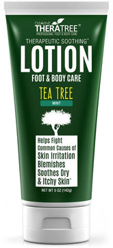 Oleavine TheraTree lotion bottle showing tea tree and neem formula for soothing skin
