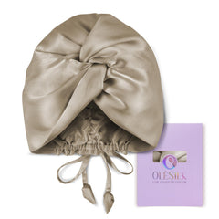 OLESILK silk bonnet for sleeping shown with adjustable drawcord for a snug, comfortable fit.