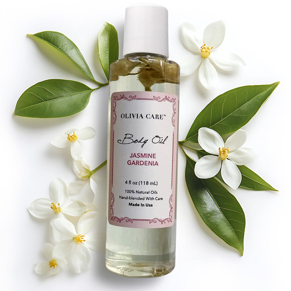 Olivia Care Jasmine Gardenia Body Oil bottle ready for hydrating care after bath