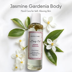 Pouring Olivia Care Jasmine Gardenia Body Oil showing smooth texture