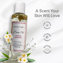 Close-up of Olivia Care Jasmine Gardenia oil texture on skin