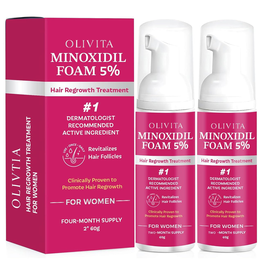 OLIVITA 5% Minoxidil foam bottle for daily scalp application.