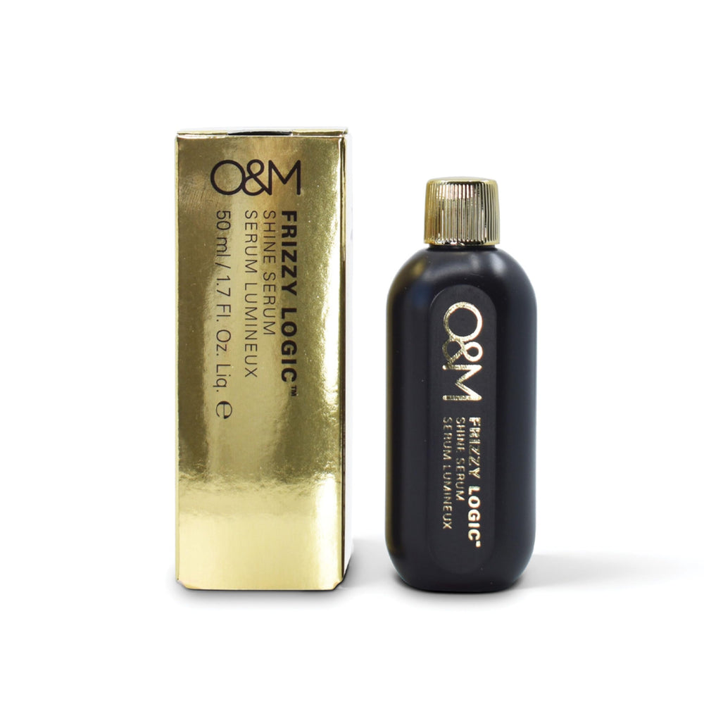 O&M Frizzy Logic Serum bottle showing frizz control capability