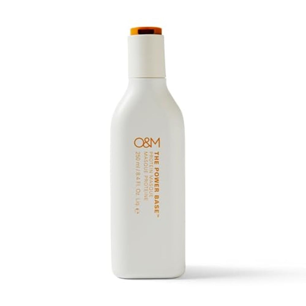O&M Power Base Masque bottle showing protein-rich moisture for damaged hair