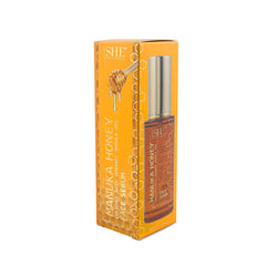 Om SHE face serum pump application image highlighting quick absorption