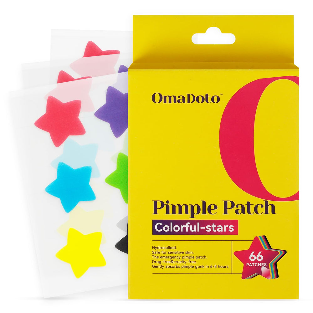OMADOTO Star Pimple Patches with colorful star designs cover blemishes.