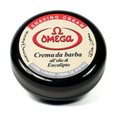 Omega shaving cream in bowl, front view; ready for a smooth shave with eucalyptus oil