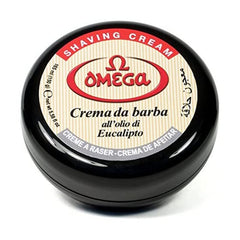 Omega shaving cream in bowl, front view; ready for a smooth shave with eucalyptus oil