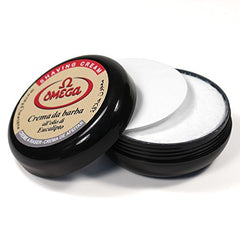 Close-up of Omega shaving cream texture in bowl; rich and emollient