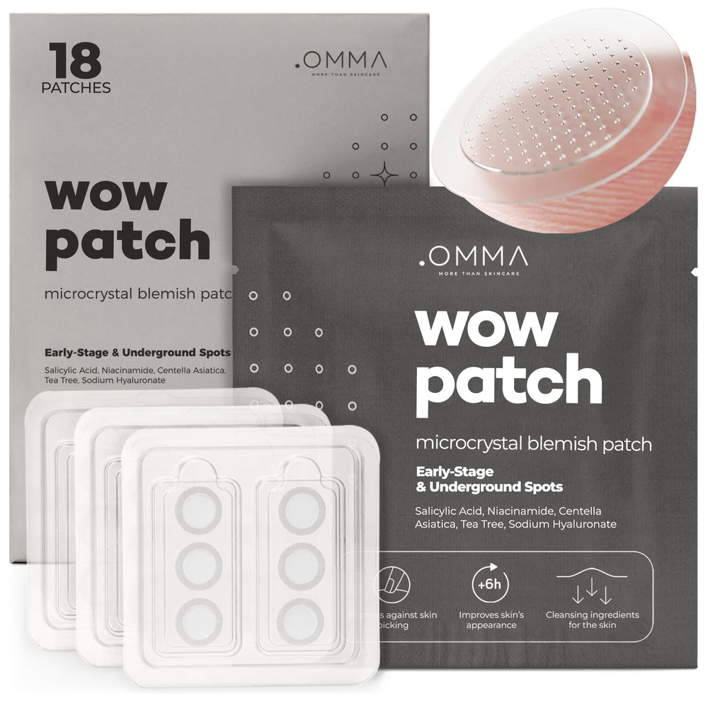 OMMA microdart patch packaging shows value for acne care.