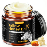 Omnifacile beef tallow honey balm jar close-up showing creamy texture for hydration